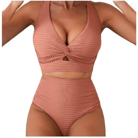 namayuj Women's Small Fashion Textured Bikini Sets Twist Front High Waisted Swim - Picture 1 of 11